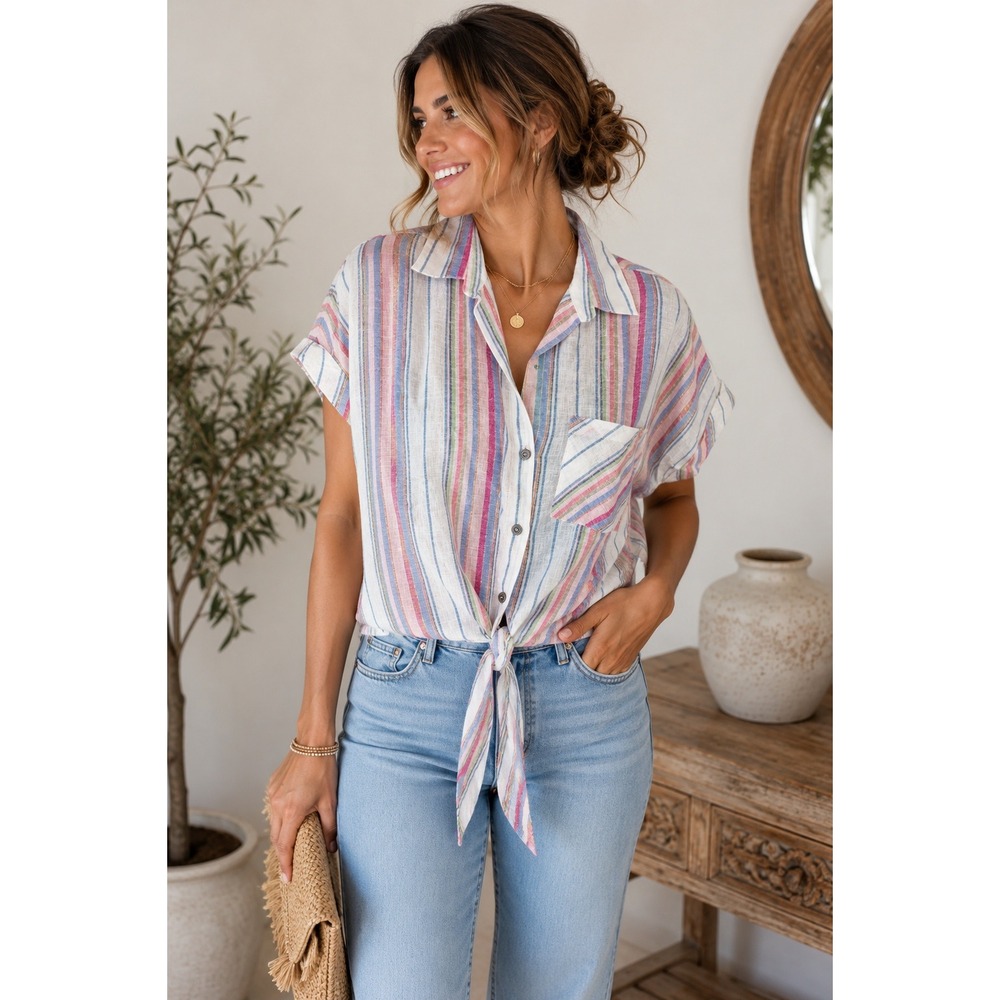 Vintage Havana NWT Linen Blend Striped Tie Front Shirt Medium Metallic Coastal